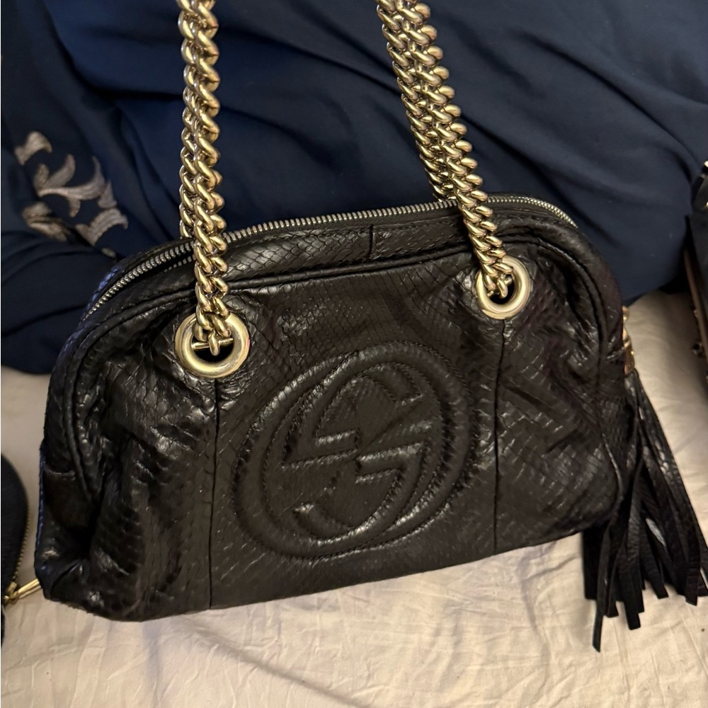Gucci Black Woven Shoulder Bag with Gold Chain